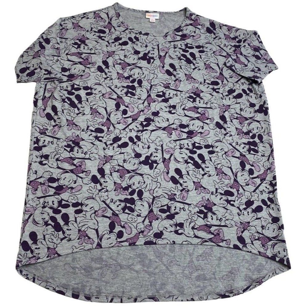 LuLaRoe Irma Disney Mickey Mouse Purple Gray‎ Tunic High Low Top sz Small